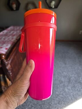 Starbucks 24 Oz Ombre Hot Pink to Coral Travel Tumbler with Straw New